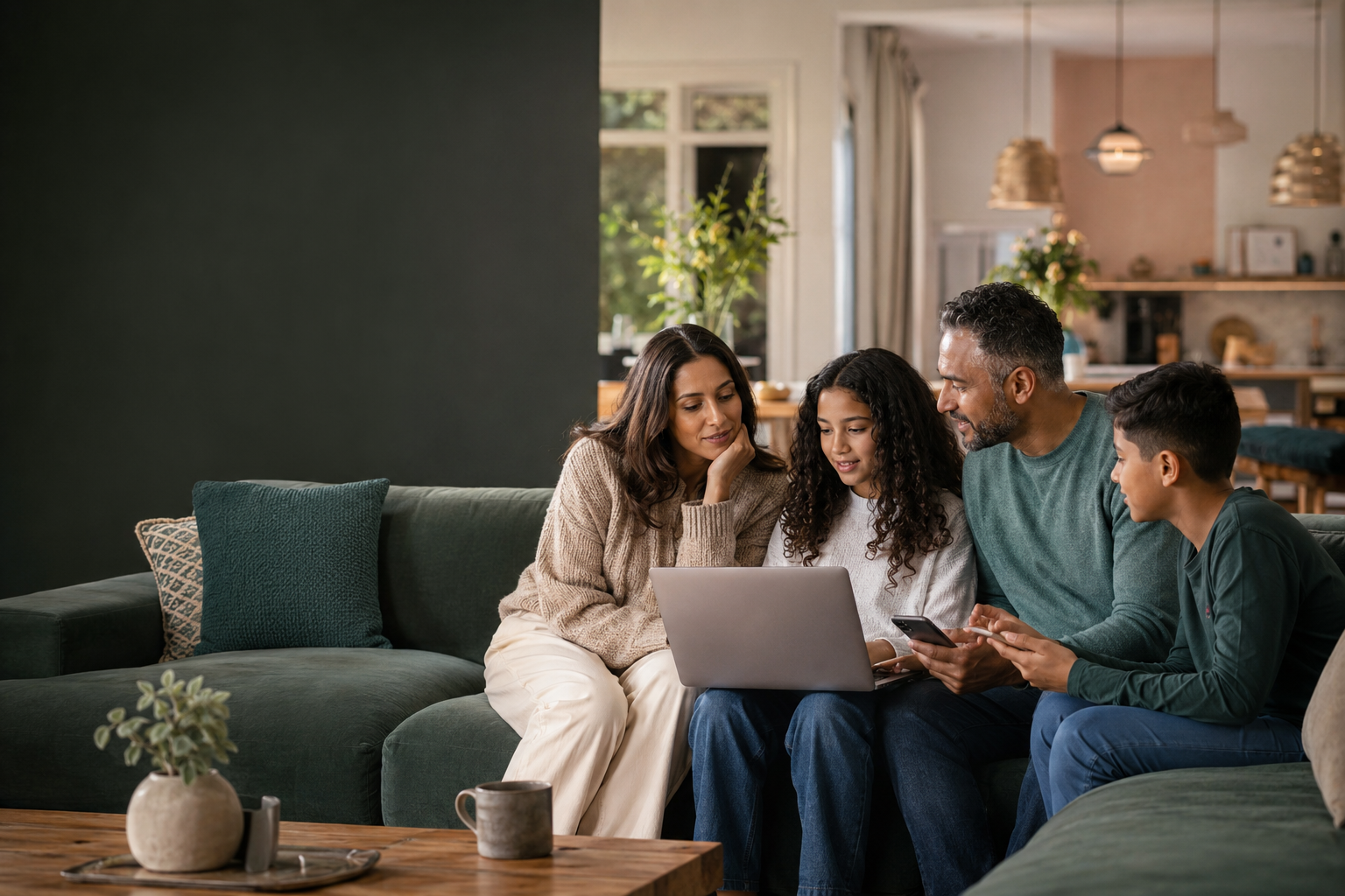 A family calmly reviewing their digital safety together at home